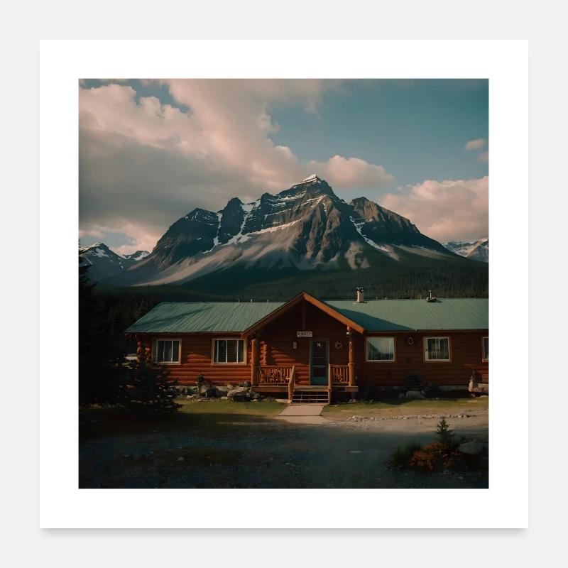 Rustic lodge in front of a mountain panorama Poster 24" x 24" (60x60 cm)