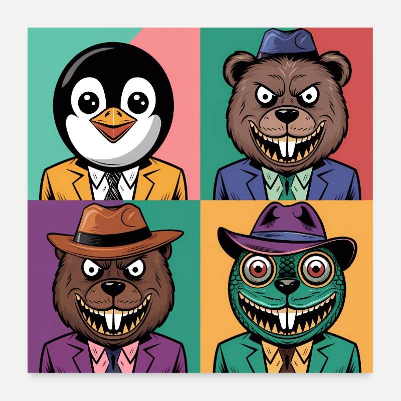 Pop-art cool Pinguin Bär Biber Salamander bunt Poster 60x60 cm