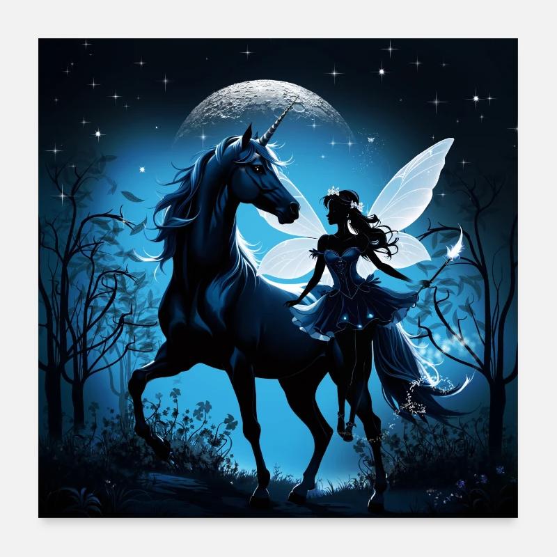 Die Fee und das Einhorn: Ein nächtliches Abenteuer. - Poster 60x60 cm - Weiß