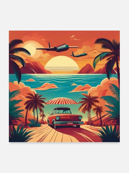 Vintage Beach Sunset with Red Car and Planes - Poster 24" x 24" (60x60 cm) - white - Front