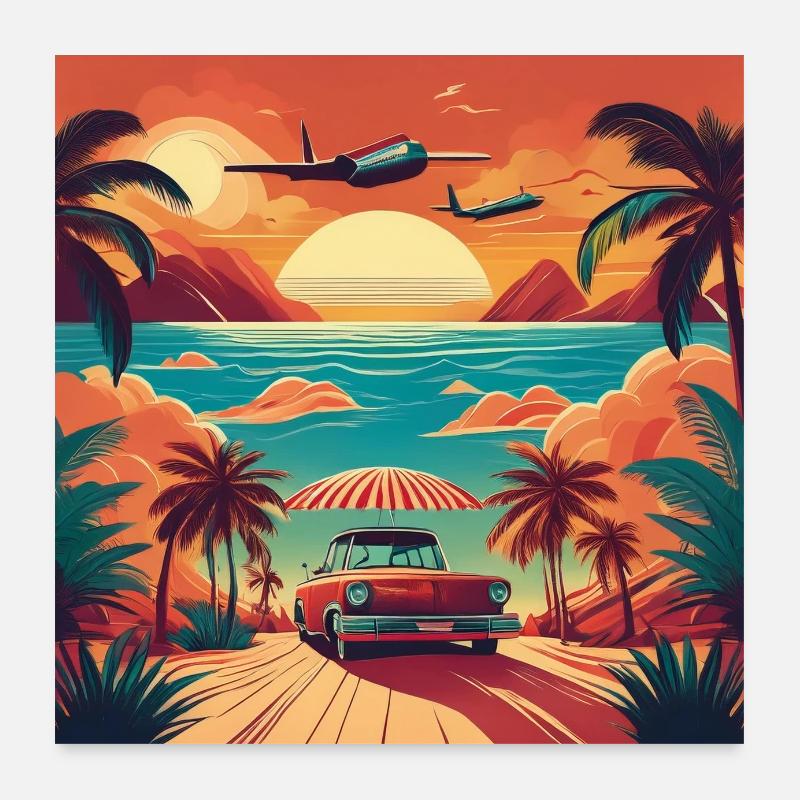Vintage Beach Sunset with Red Car and Planes Poster 24" x 24" (60x60 cm)