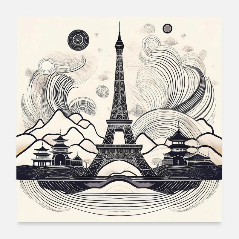 Eiffel Tower & Pagoda Fusion Art Poster 24" x 24" (60x60 cm)
