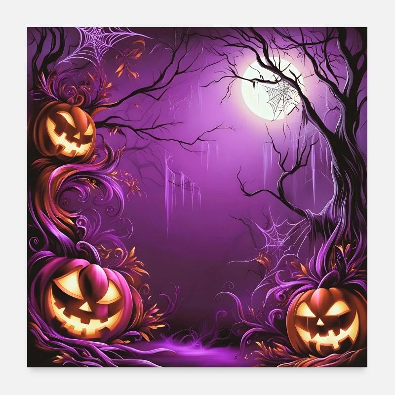 Forêt violette effrayante au clair de lune avec des citrouilles Poster 60 x 60 cm