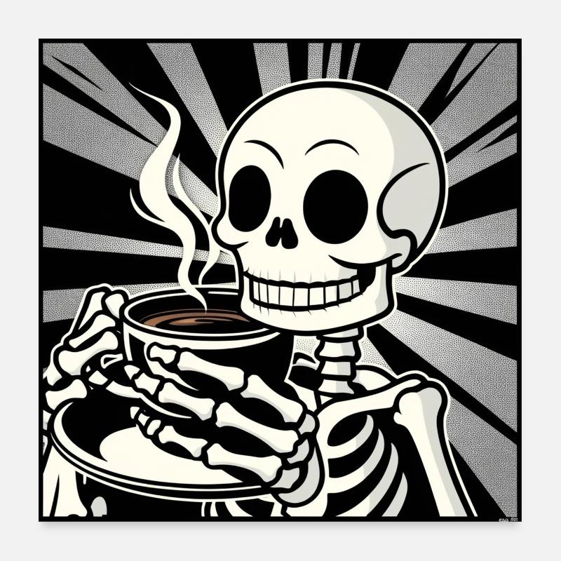 Skelett beim Kaffee genießen Poster 60x60 cm