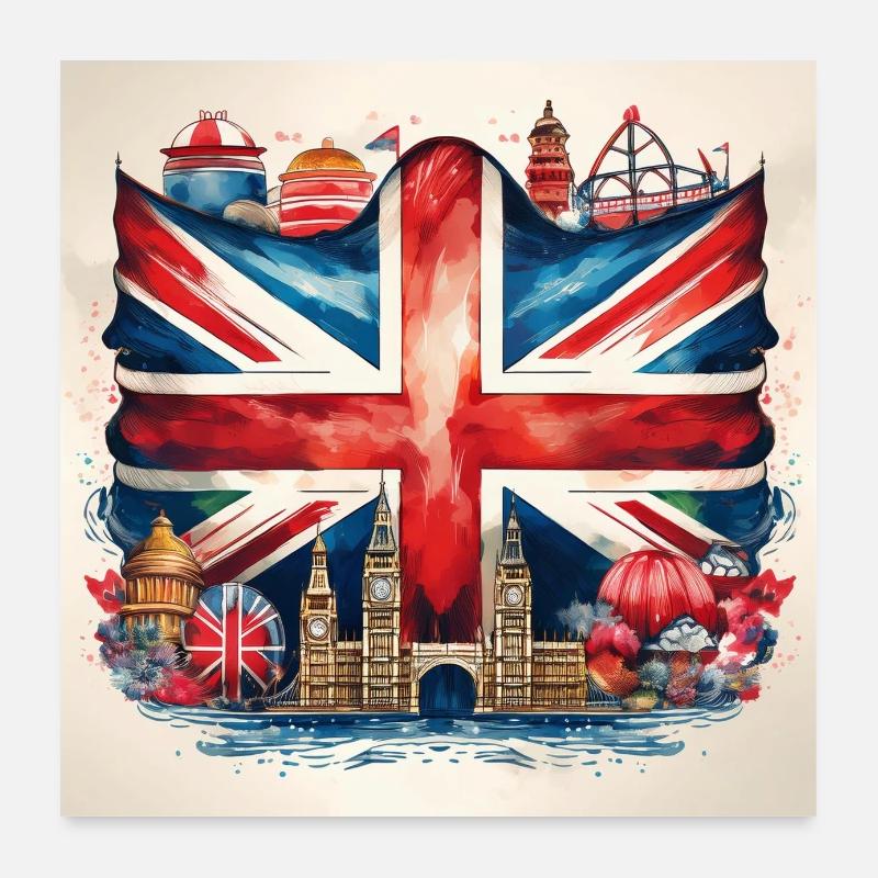 Bold British Union Jack Cityscape Artwork Poster 24" x 24" (60x60 cm)