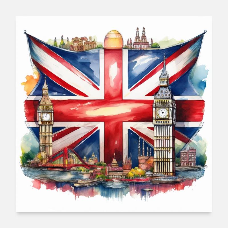 Watercolour Union Jack with British Landmarks Poster 24" x 24" (60x60 cm)