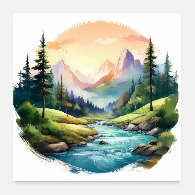 Scenic Mountain River Art Poster 24" x 24" (60x60 cm)