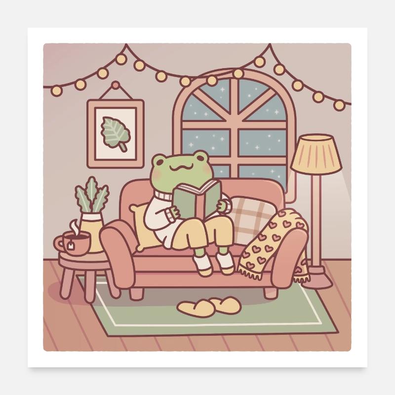Cute Frog Reading A Book In Cozy Room Poster 24" x 24" (60x60 cm)