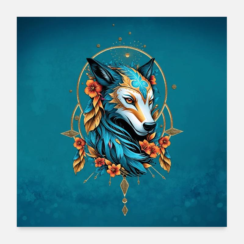 Loup stylisé à la fourrure bleu vif et or Poster 60 x 60 cm