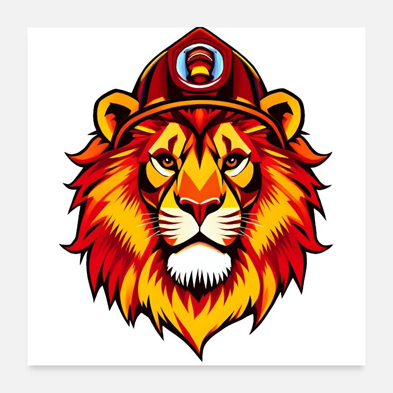 Lion royal avec casque de pompier rouge Poster 60 x 60 cm