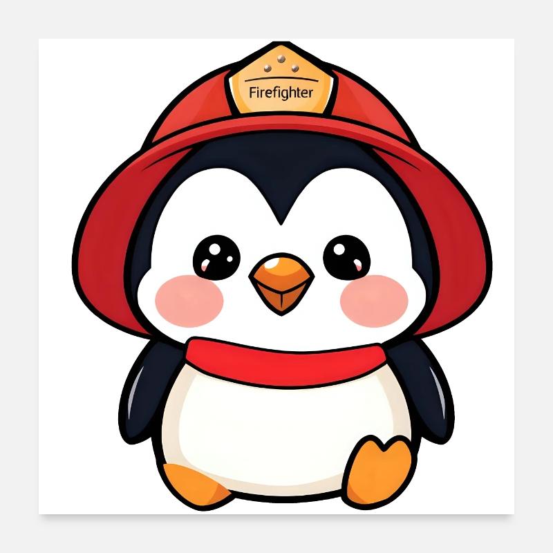 Prêt à rouler : Pingouin pompier de dessin animé Poster 60 x 60 cm