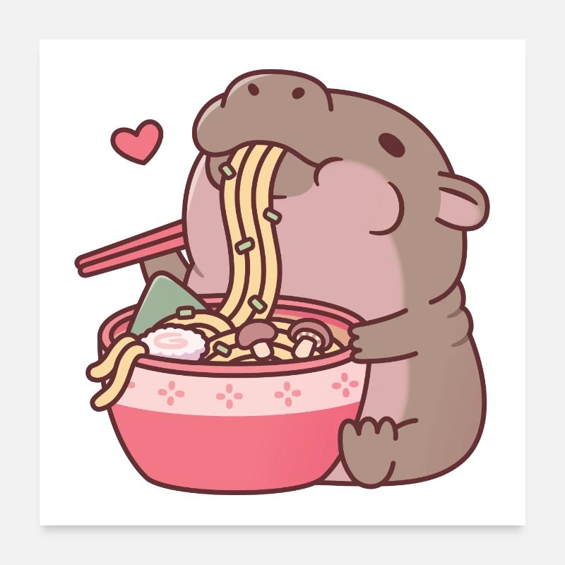 Süßes Zwergnilpferd schlürft an Ramen-Nudeln Poster 60x60 cm