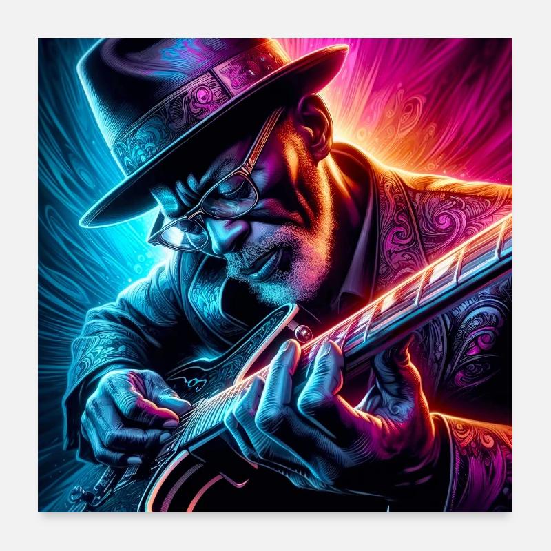 Guitariste rétro à effets néons Poster 60 x 60 cm