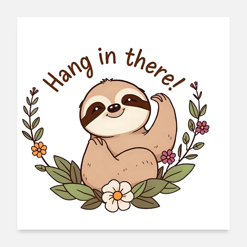 Cartoon Sloth Holding Flowers, Relaxed Pose Poster 24" x 24" (60x60 cm)