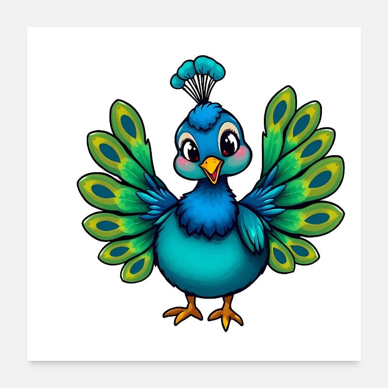 Charmanter blauer Pfau mit Blumenhut Poster 60x60 cm
