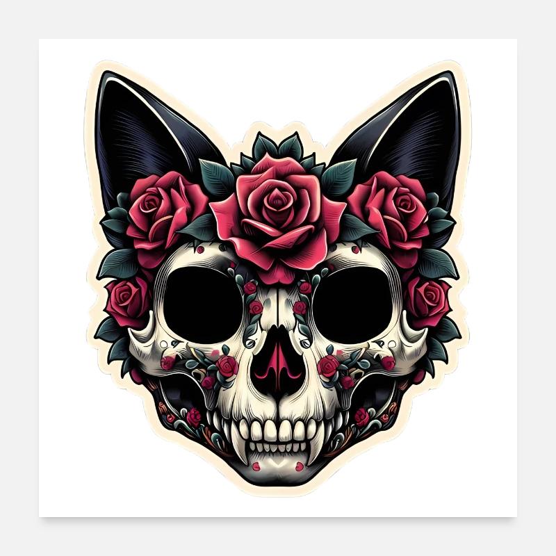CAT | Cat skull with Roses Poster 24" x 24" (60x60 cm)