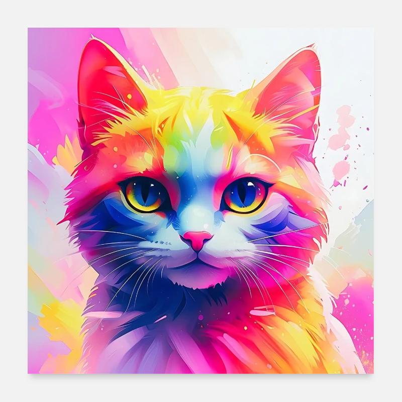 Lebendiges Regenbogenkatzen-Kunstwerk - Poster 60x60 cm - Weiß