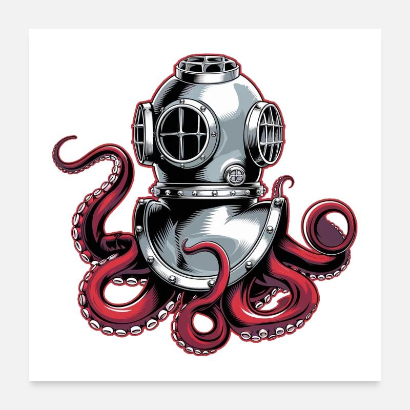 Calmar avec casque de plongée Poster 60 x 60 cm