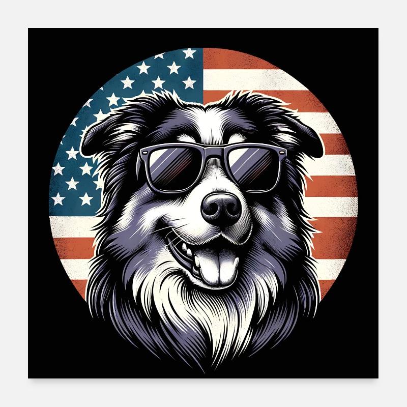 Berger australien avec drapeau américain Poster 60 x 60 cm