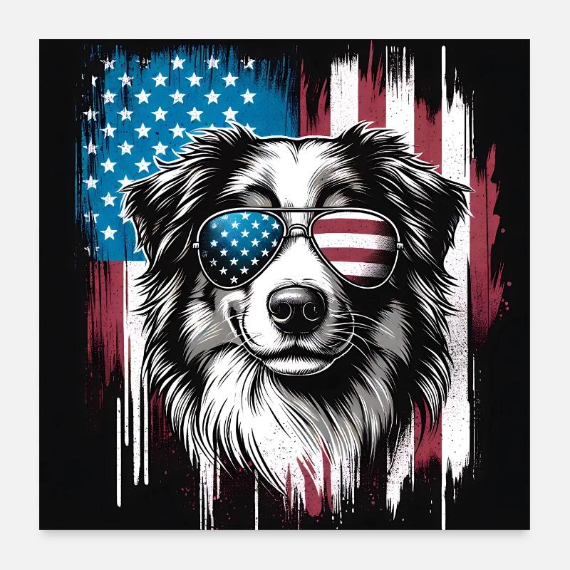 Berger australien avec drapeau américain Poster 60 x 60 cm