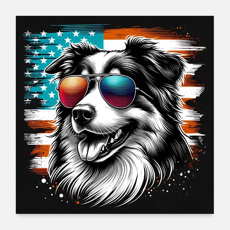 Berger australien avec drapeau américain Poster 60 x 60 cm