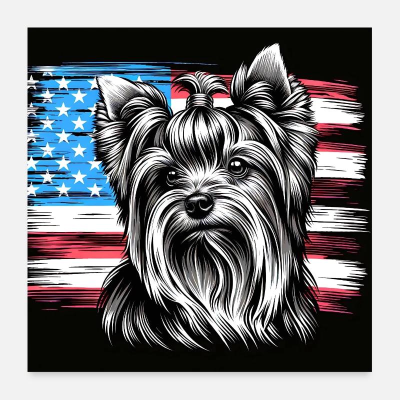 Yorkshire Terrier Yorkie avec drapeau américain Poster 60 x 60 cm