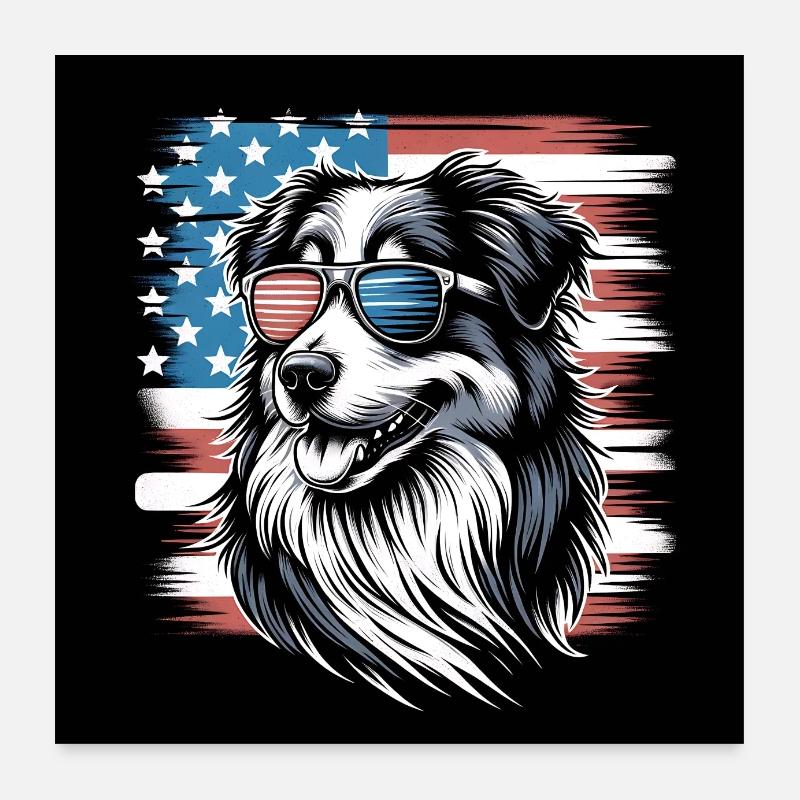 Australian Sheperd mit amerikanischer Flagge Poster 60x60 cm