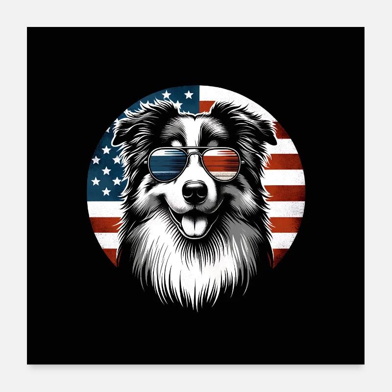 Berger australien avec drapeau américain Poster 60 x 60 cm