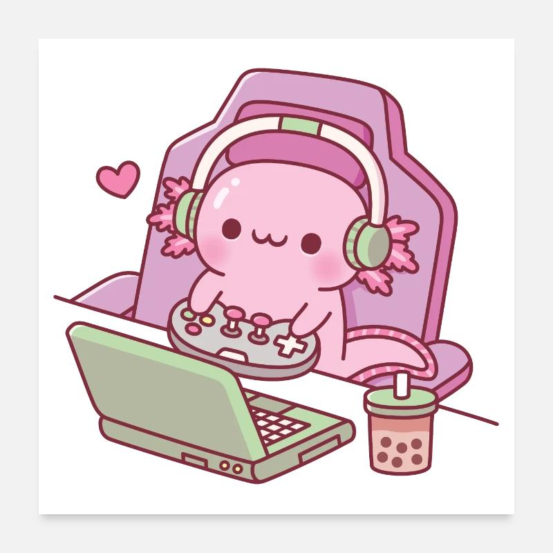 Cute Axolotl Gaming On Laptop Funny Poster 24" x 24" (60x60 cm)