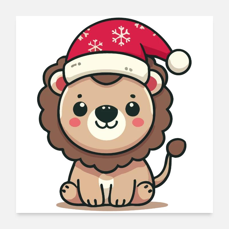 Mignon bébé lion avec chapeau de père Noël sur Poster 60 x 60 cm