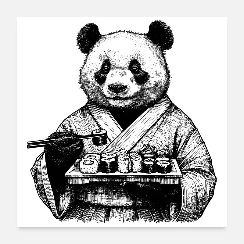 Sushi Panda Maki Kimono Dessin Cadeau Poster 60 x 60 cm