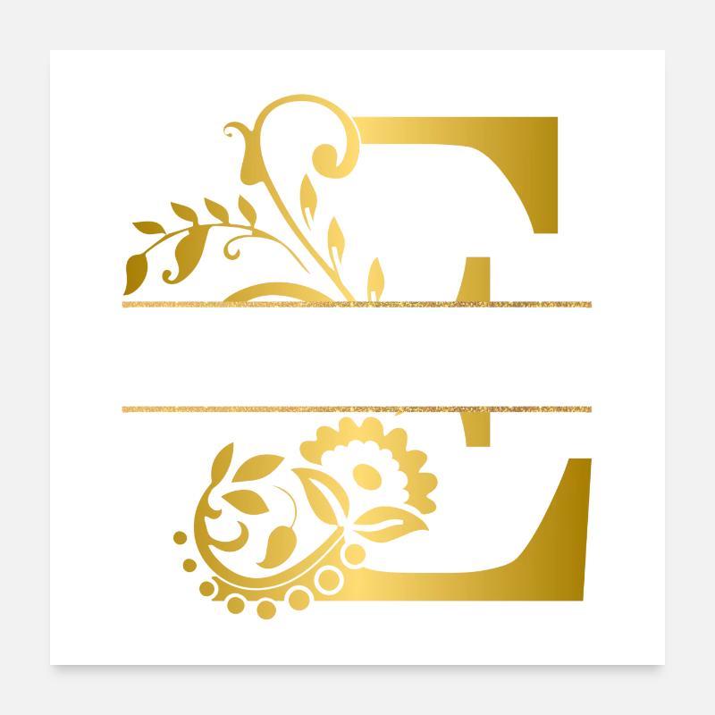Personalisierter floraler goldener Buchstabe e - Geschenkidee Poster 60x60 cm