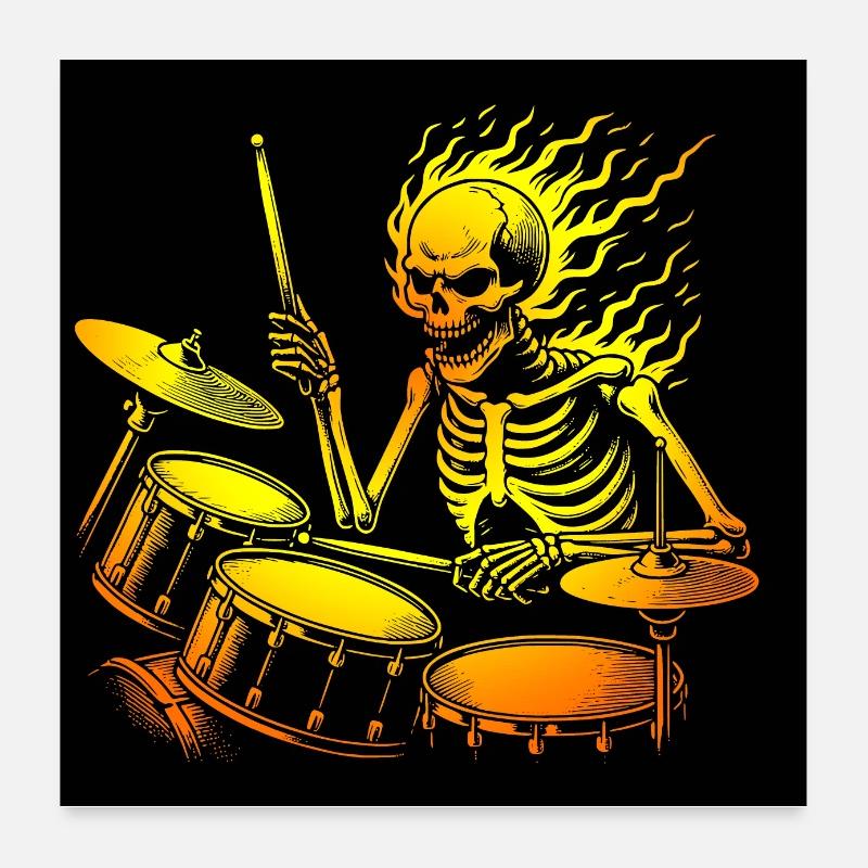 Squelette de crâne de batteur sur la batterie Poster 60 x 60 cm