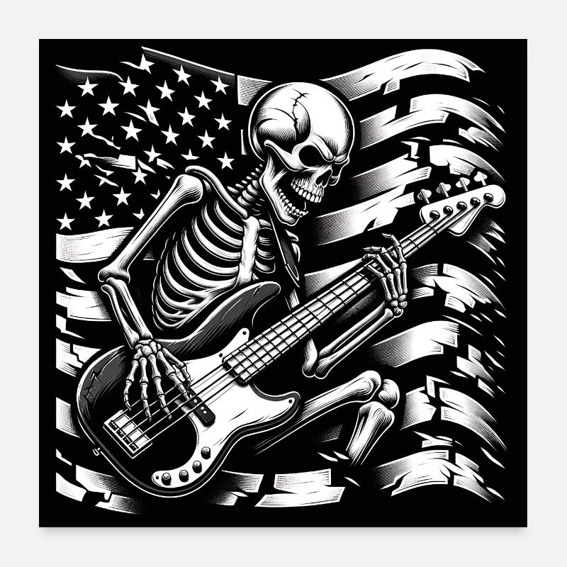 Un squelette de crâne joue de la basse devant le drapeau des États-Unis Poster 60 x 60 cm