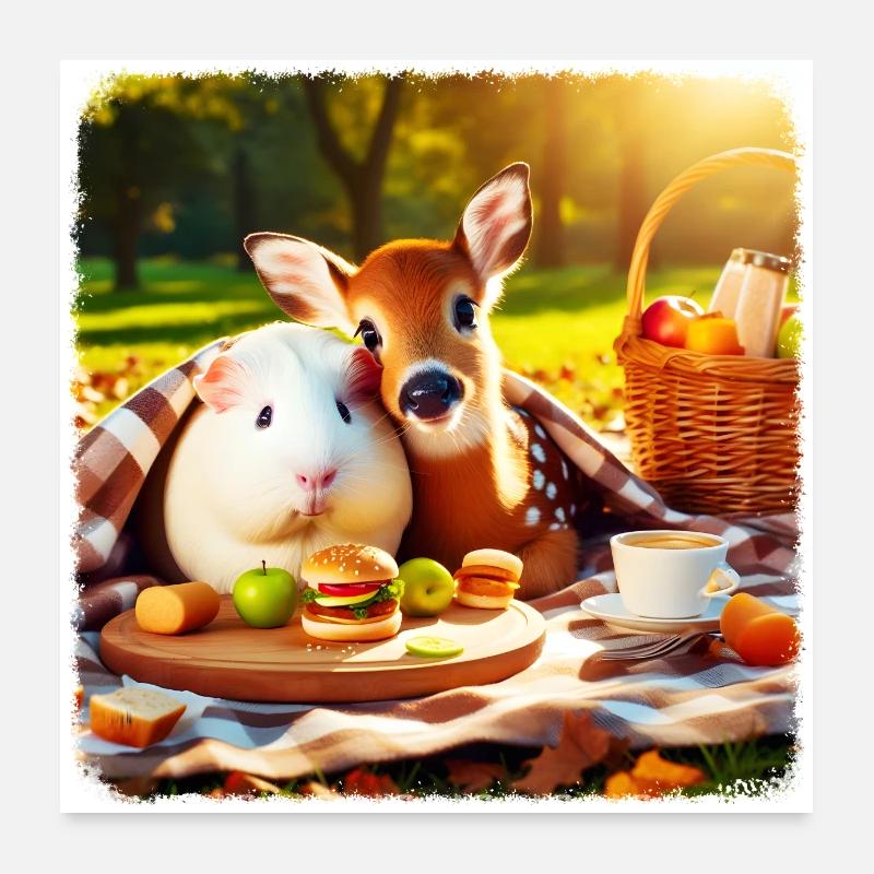 Picknickfreunde - Meerschweinchen & Rehkitz Poster 60x60 cm
