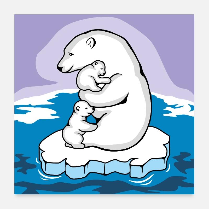 Eisbären-Mama mit ihren beiden Babys auf einer Scholle Poster 60x60 cm