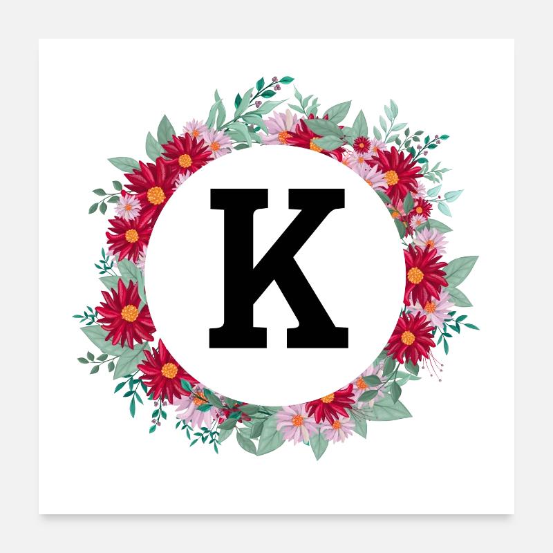 Lettre k couronne florale Poster 60 x 60 cm