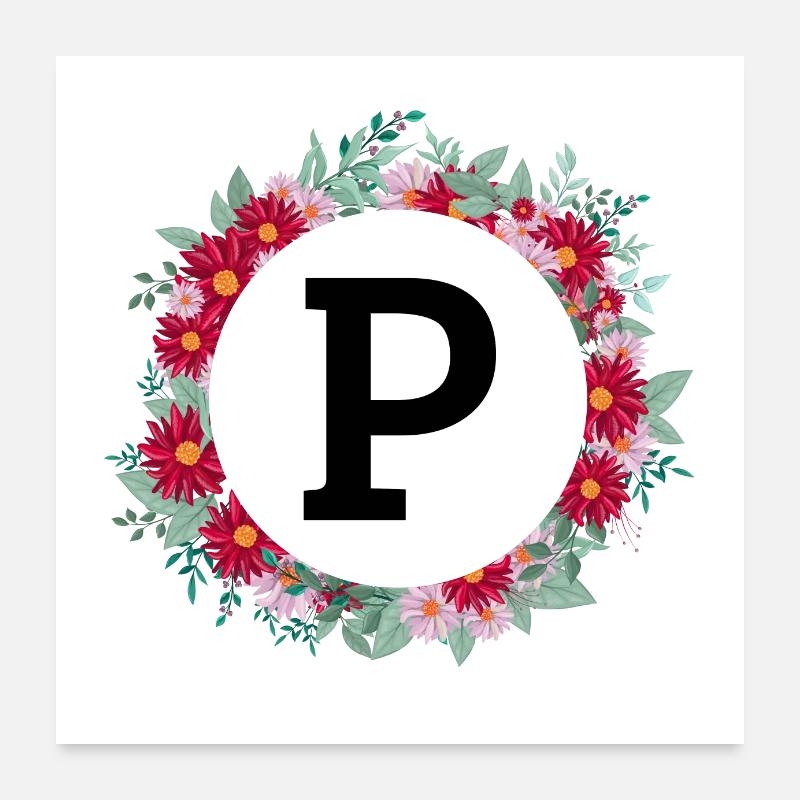 Lettre p couronne florale Poster 60 x 60 cm