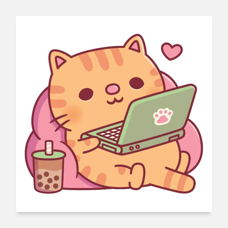 Chat tigré mignon avec ordinateur portable et thé à bulles Poster 60 x 60 cm