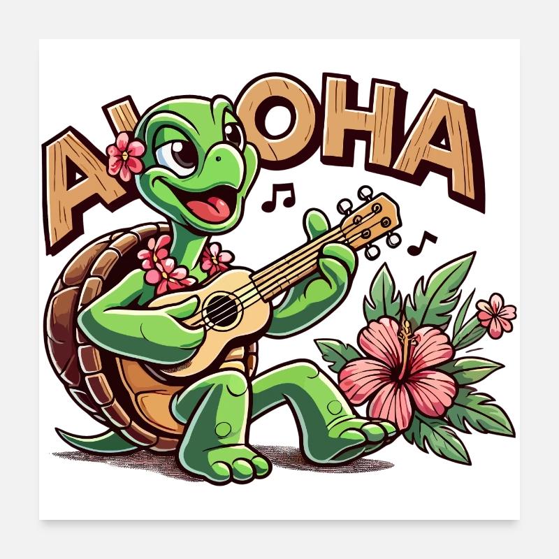 Aloha Turtle Ukulele Hawaii Hibiscus Cadeau - Poster 60 x 60 cm - blanc