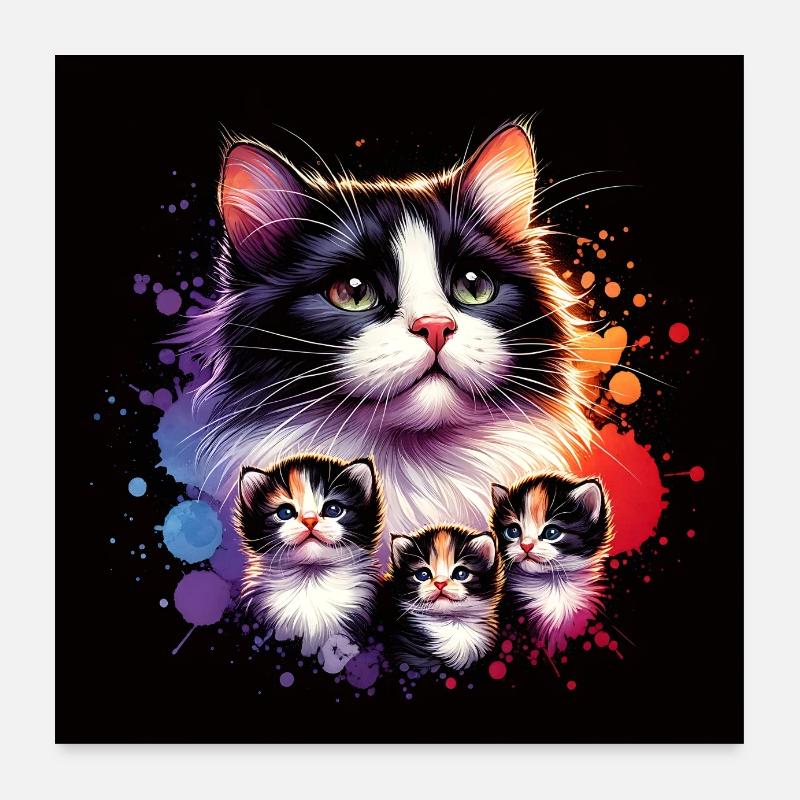 Katzenmama mit Katzenbabys Poster 60x60 cm