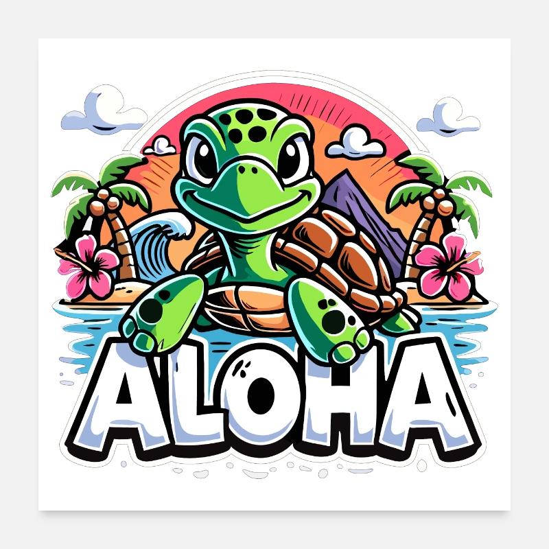 Aloha Turtle Hawaii Hibiscus Palm Trees Gift Poster 24" x 24" (60x60 cm)
