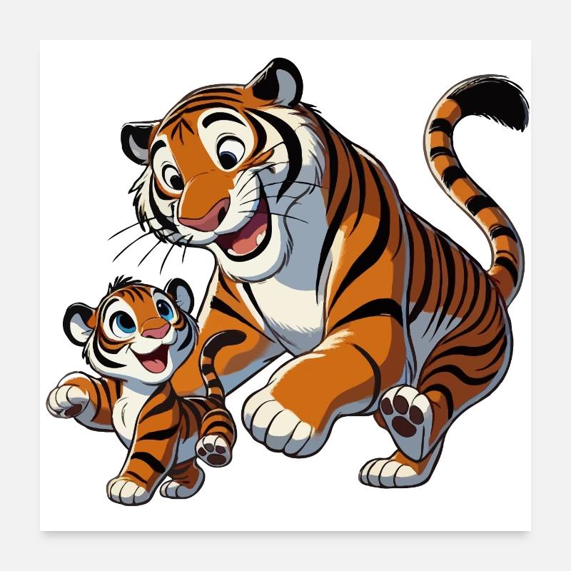 Tigermutter mit jungem Herumtollen - Poster 60x60 cm - Weiß