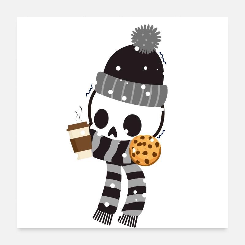 Shivering skeleton with coffee and cookie in snow Poster 24" x 24" (60x60 cm)