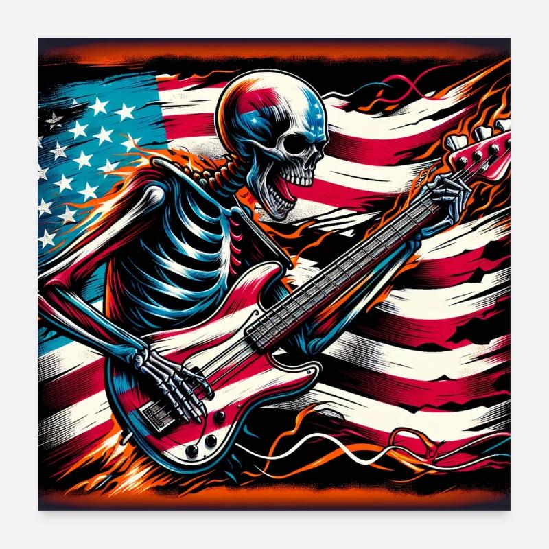 squelette jouant de la guitare basse drapeau américain Poster 60 x 60 cm