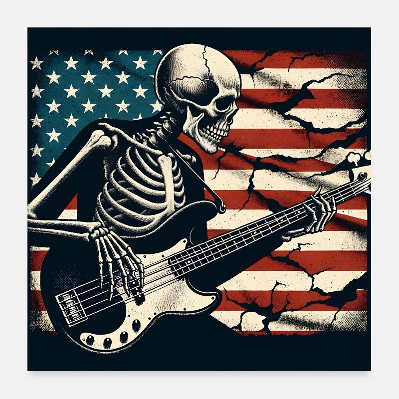 Crâne squelette avec guitare basse et drapeau américain Poster 60 x 60 cm