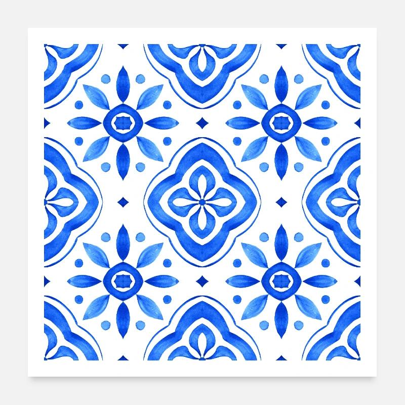 Blue Mediterranean Tile Watercolour Pattern Poster 24" x 24" (60x60 cm)