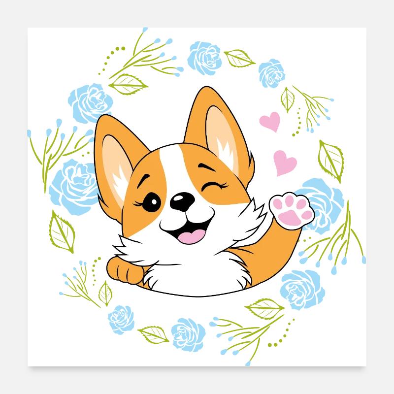 Agitant un chien Corgi heureux dans une couronne de fleurs Poster 60 x 60 cm