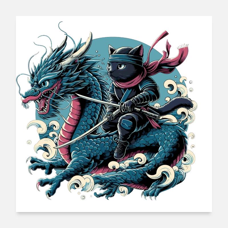 Ninja Cat Dragon Ninjato Cadeau Poster 60 x 60 cm