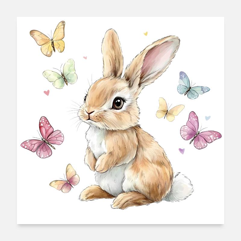 Cute Bunny Rabbit Butterflies Poster 24" x 24" (60x60 cm)